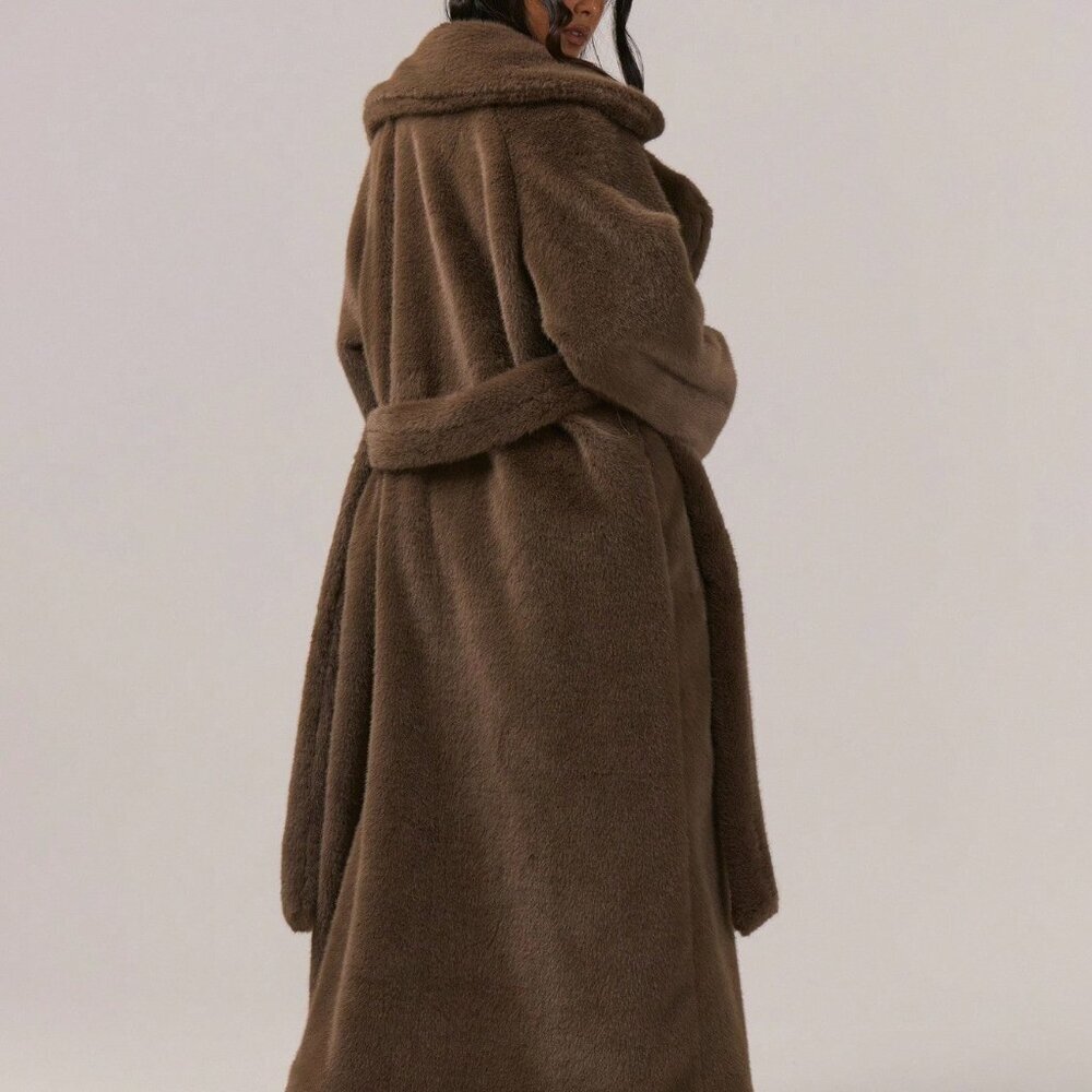 Coffee Brown Women's Elegant Oversized Loose Fit Belted Fuzzy Fur Maxi Coat - Picture 3 of 6